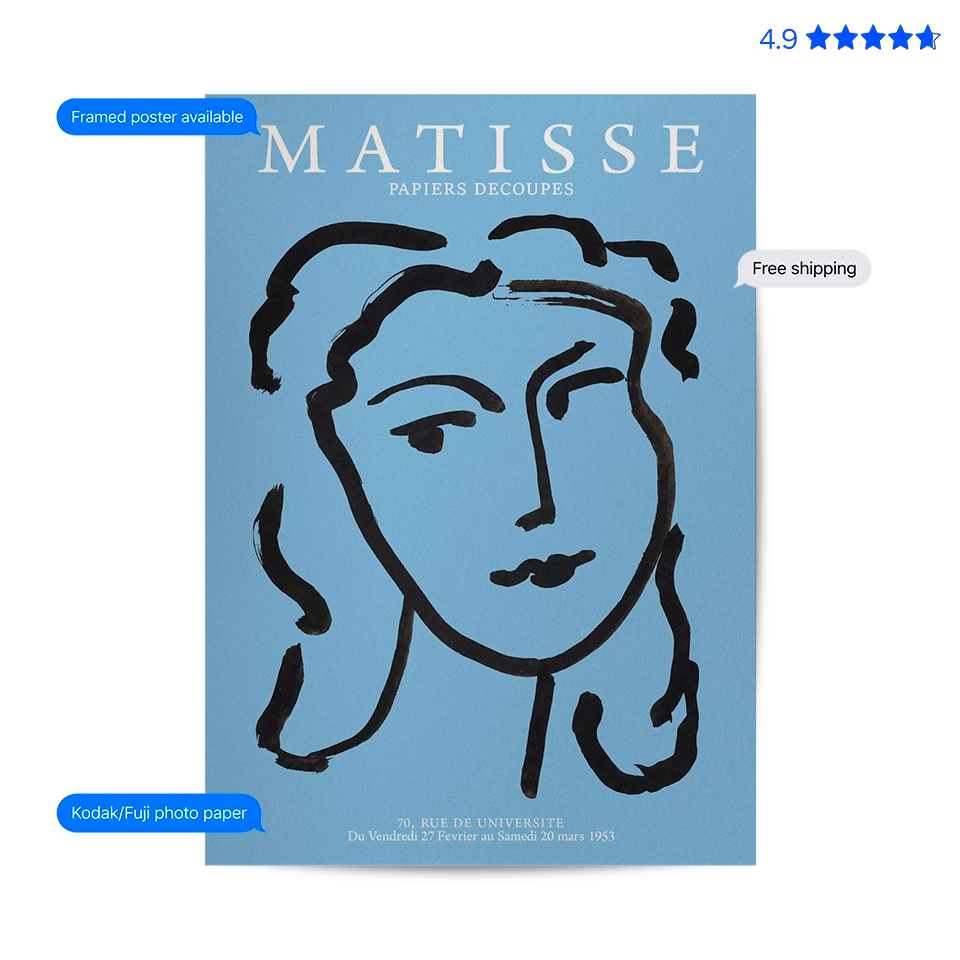Matisse Portrait — Line Art Print Blue Poster & Framed Print