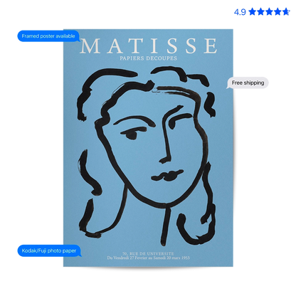 Matisse Portrait — Line Art Print Blue Poster & Framed Print