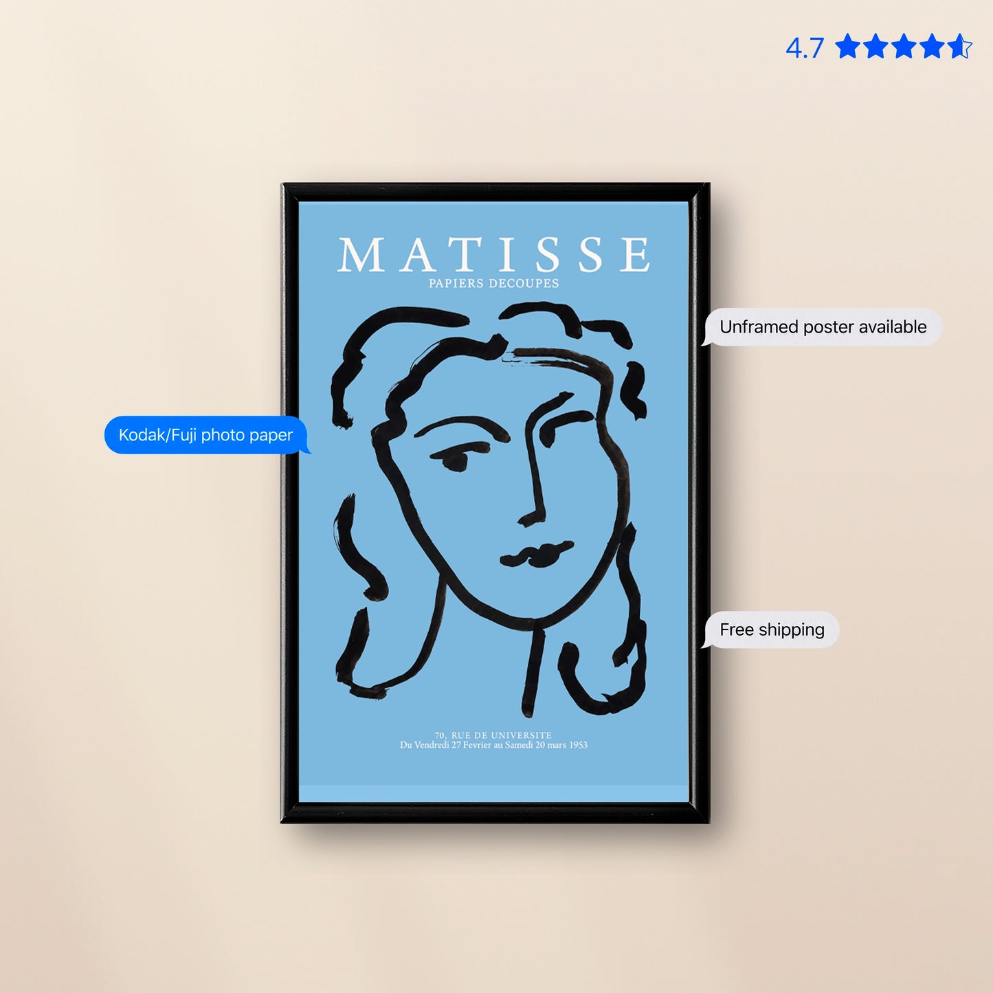 Matisse Portrait — Line Art Print Blue Poster & Framed Print
