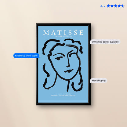 Matisse Portrait — Line Art Print Blue Poster & Framed Print
