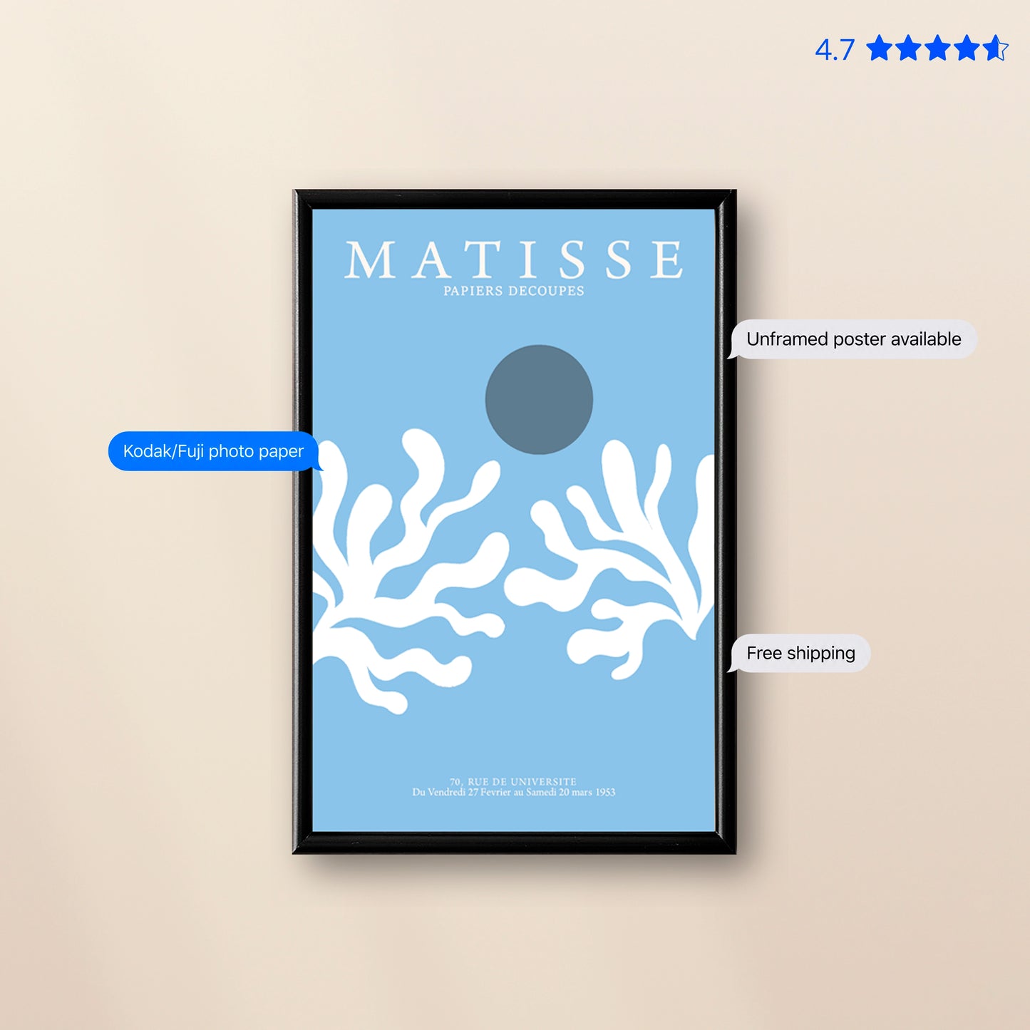 Matisse Seaweed — Cut-Out Art Print Blue Poster & Framed Print