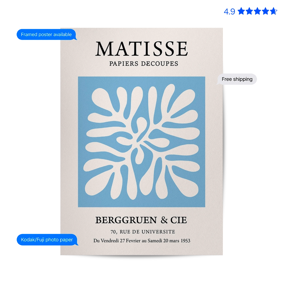 Matisse Floral — Cut-Out Art Print Blue Poster & Framed Print