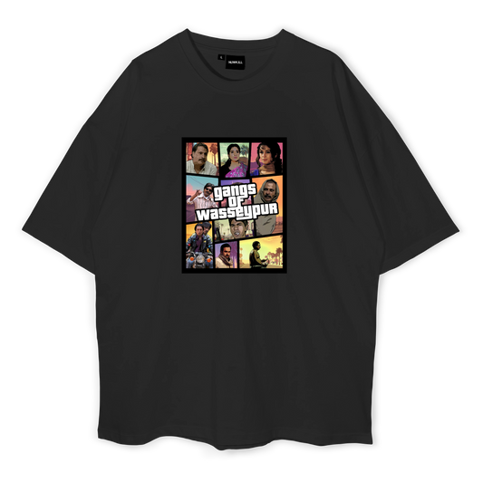 Black oversized t-shirt with a graphic print of characters from the Bollywood movie Gangs of Wasseypur.