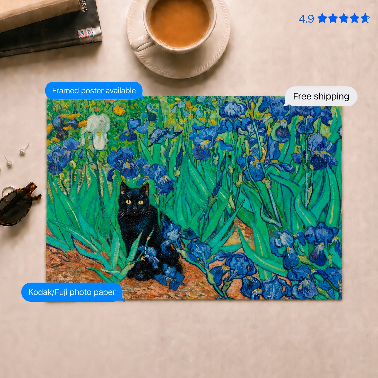 Cat Among the Irises — Van Gogh's Irises Art Print Poster & Framed Print