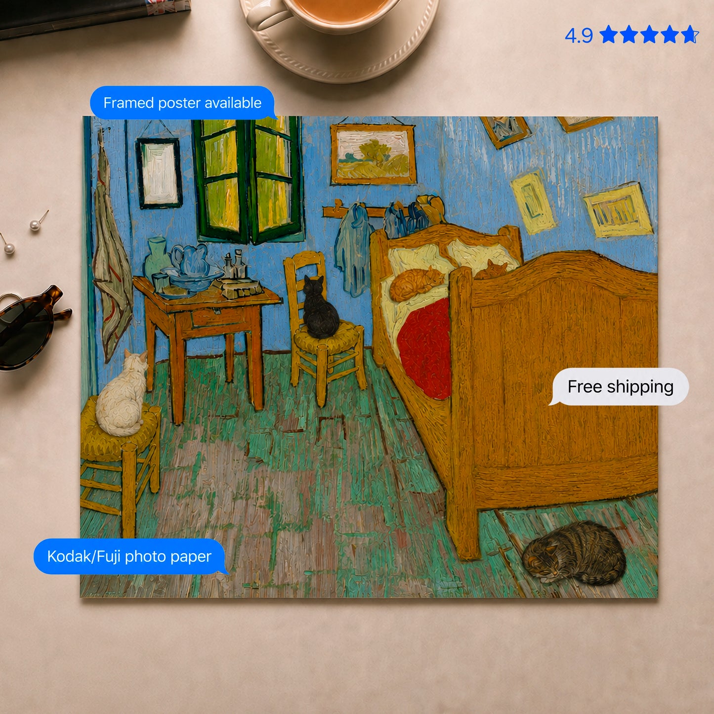 Four Cats in Van Gogh's Bedroom Art Print Poster & Framed Print