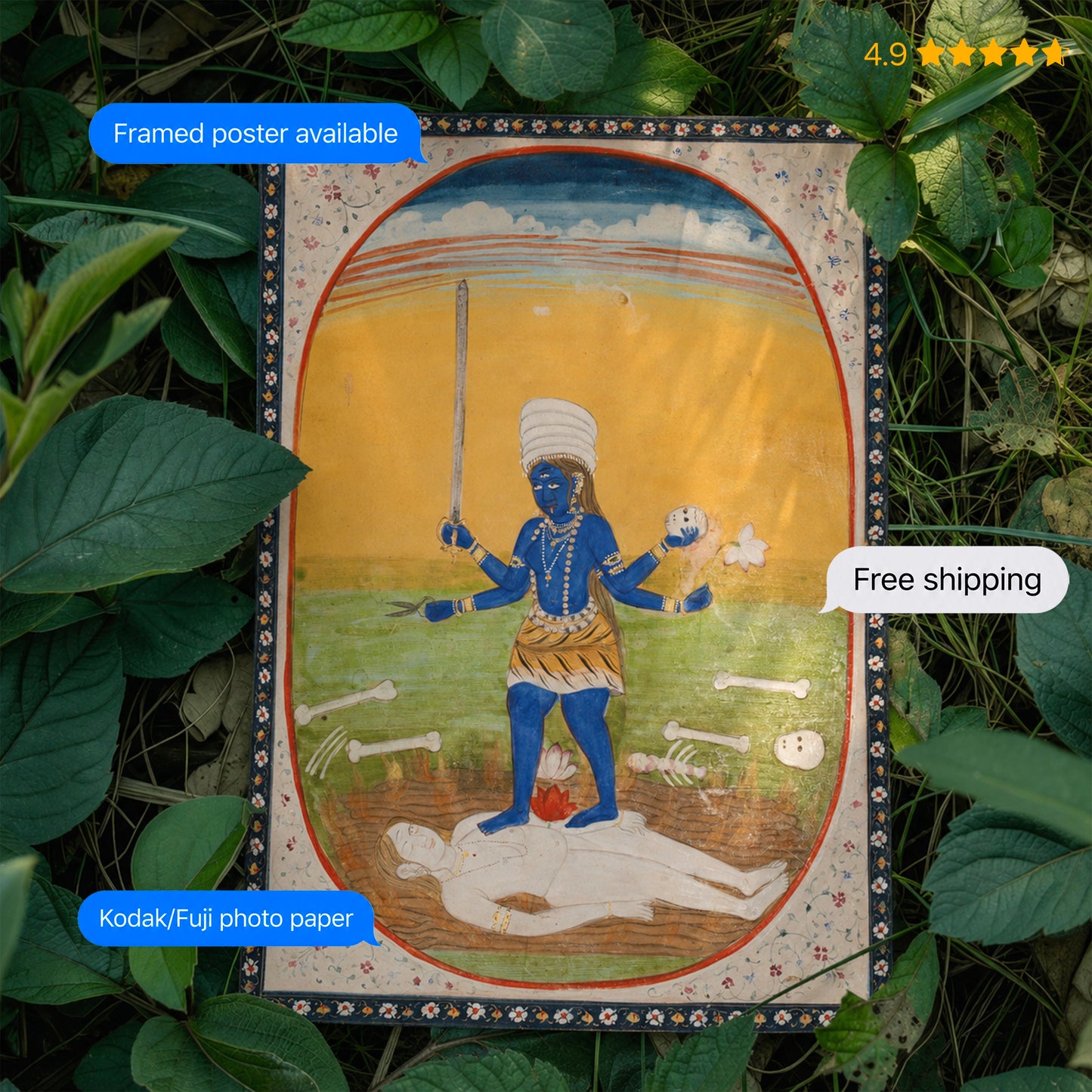 Chamunda Standing on Shiva Vintage Poster & Framed Print