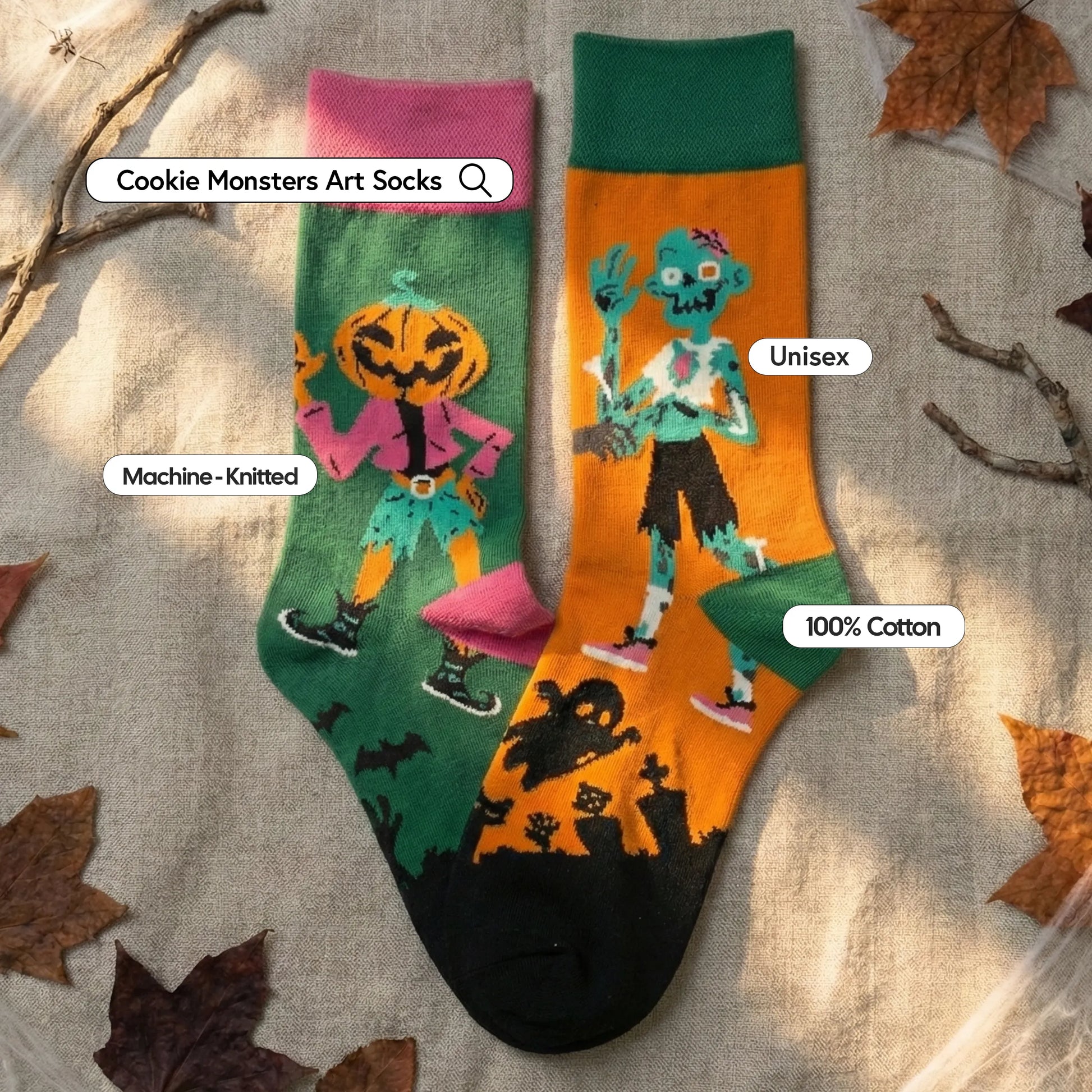 Two Halloween-themed socks with characters on a textured surface with leaves.