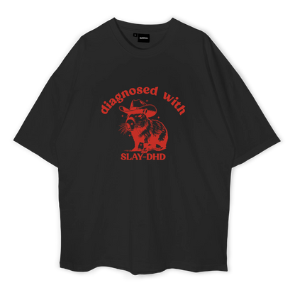 Black t-shirt with red graphic and text on a white background