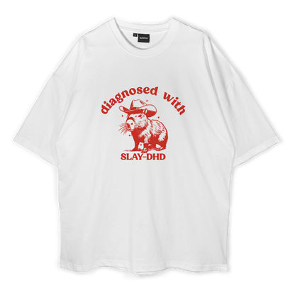 White t-shirt with red graphic and text on a white background