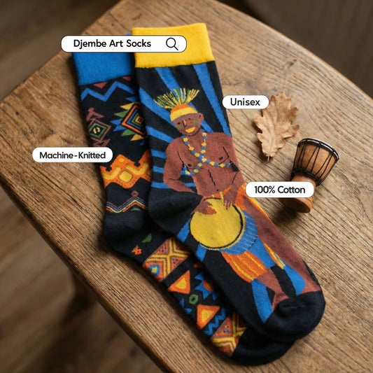 Colorful socks with African drum design on a wooden surface, labeled with features like 'Djembe Art Socks', 'Unisex', 'Machine-Knitted', and '100% Cotton'.