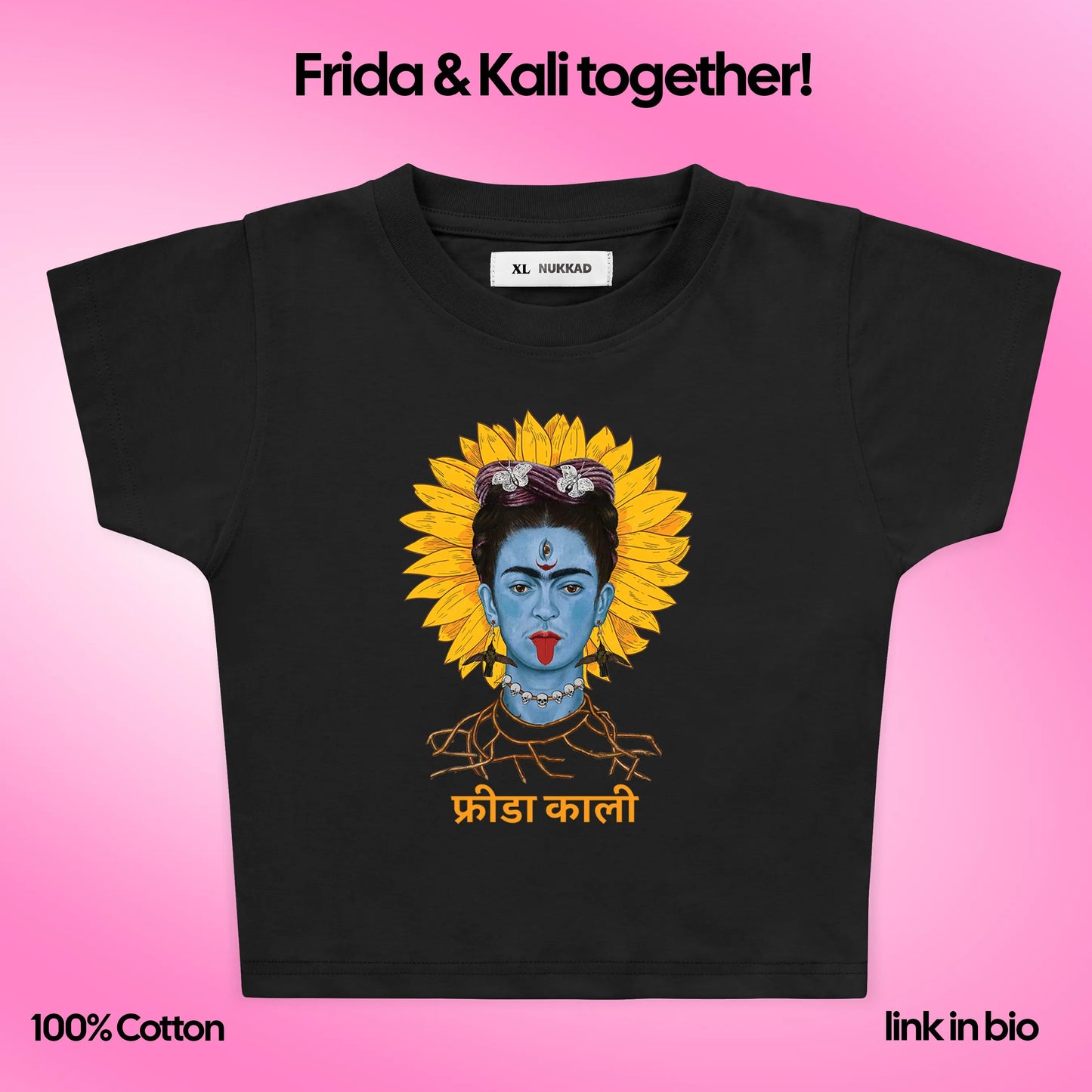 Black t-shirt with Frida Kahlo graphic on a pink background
