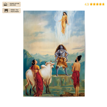 A framed art print depicting a spiritual scene with a blue-skinned figure standing on a rock, a woman in red draped fabric, a white cow, and another figure looking upward toward a glowing figure in the sky. The print is shown on a white background with a 4.