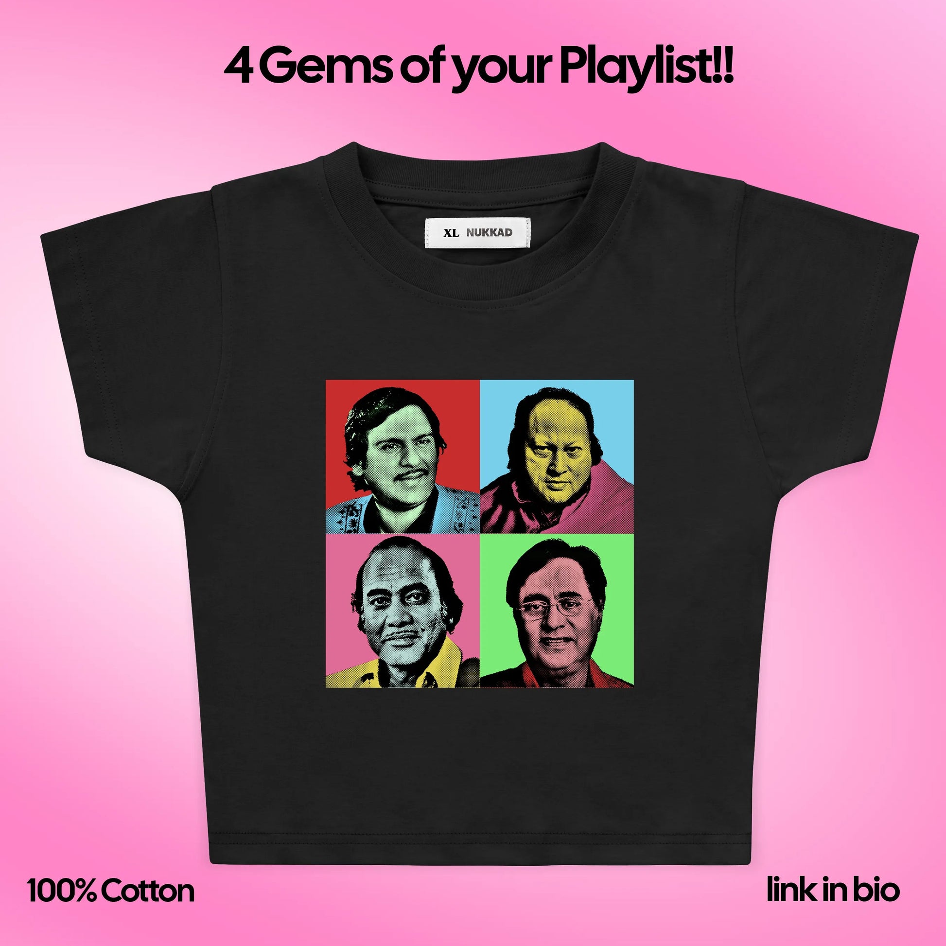 Black t-shirt with colorful graphic of four faces on a pink background