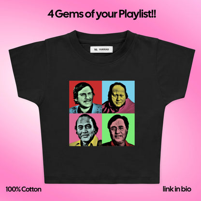 Black t-shirt with colorful graphic of four faces on a pink background