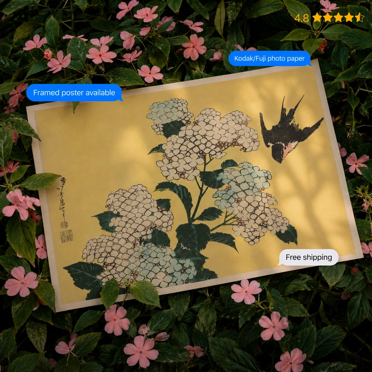 Hydrangea and Swallow Katsushika Hokusai Poster & Framed Print