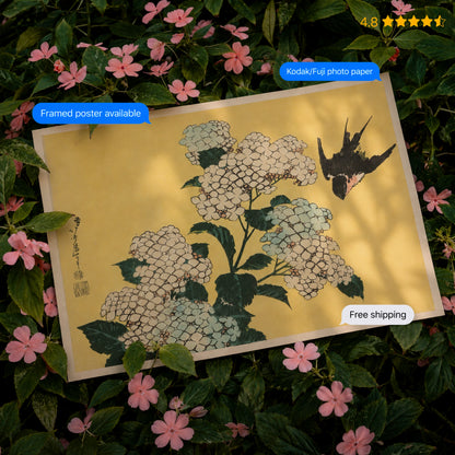 Hydrangea and Swallow Katsushika Hokusai Poster & Framed Print