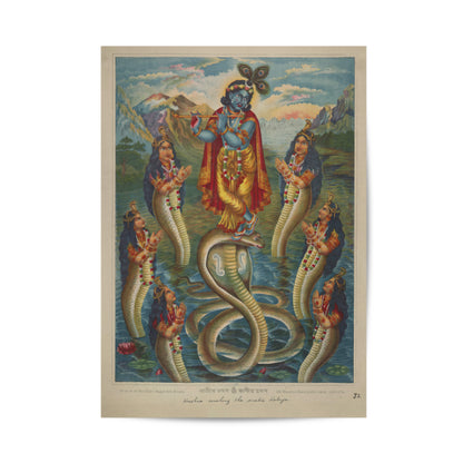 Krishna subduing Kaliya Vintage Mythology Poster & Framed Print - Nukkad Studios