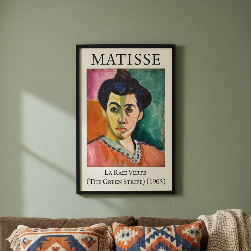 Framed Matisse artwork on a wall above a sofa with patterned cushions.