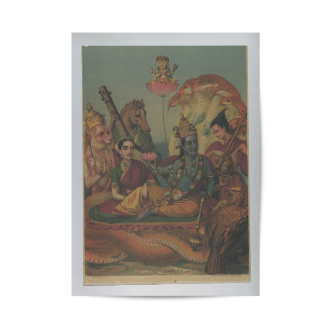 Lord Vishnu is with his wife Lakshmi Vintage Mythology Poster & Framed Print - Nukkad Studios