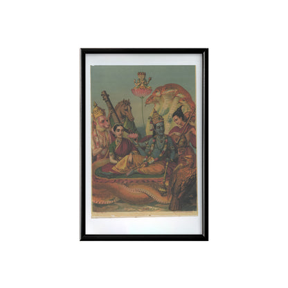 Lord Vishnu is with his wife Lakshmi Vintage Mythology Poster & Framed Print - Nukkad Studios