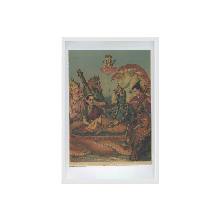 Lord Vishnu is with his wife Lakshmi Vintage Mythology Poster & Framed Print - Nukkad Studios