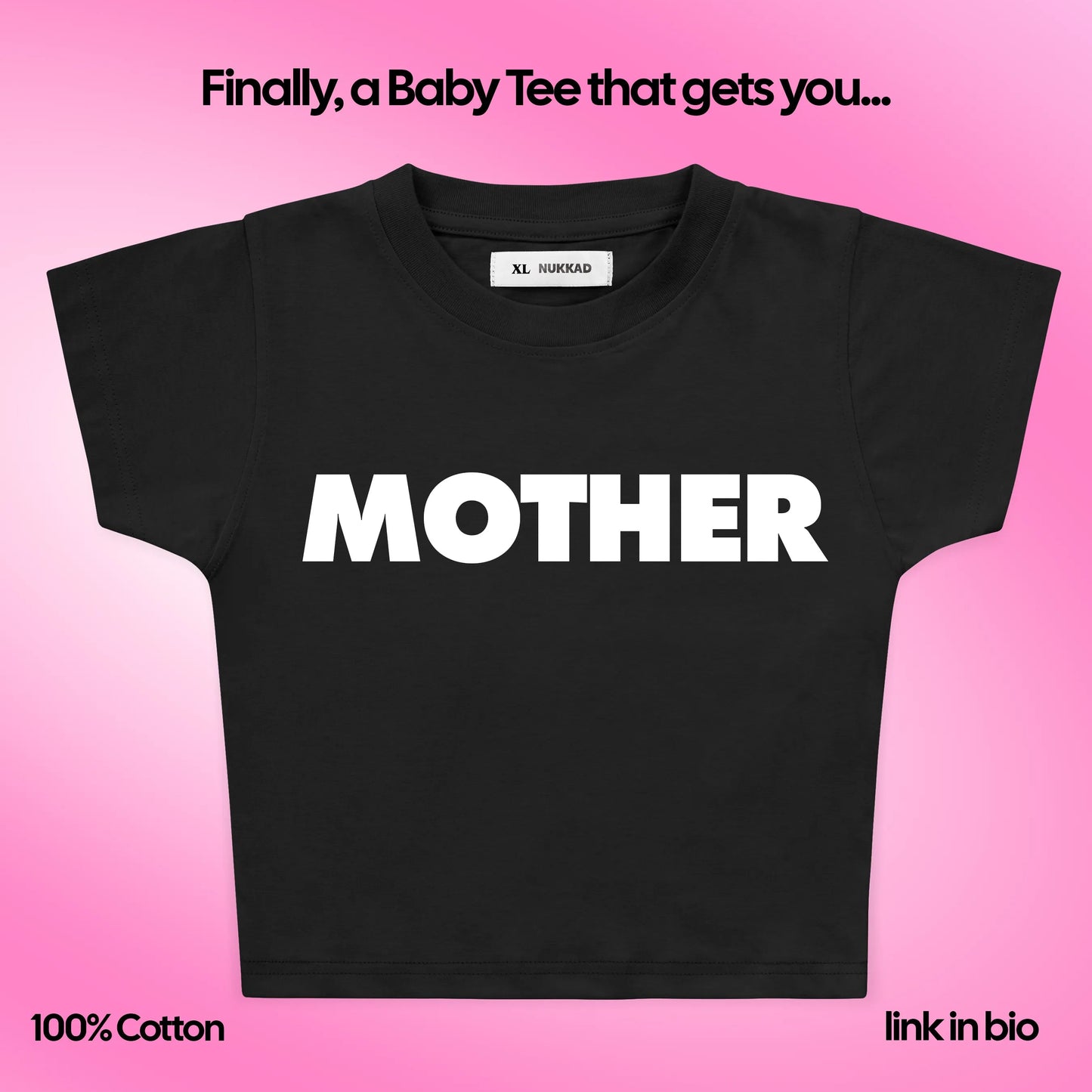 Black crop top with 'MOTHER' text on a pink background