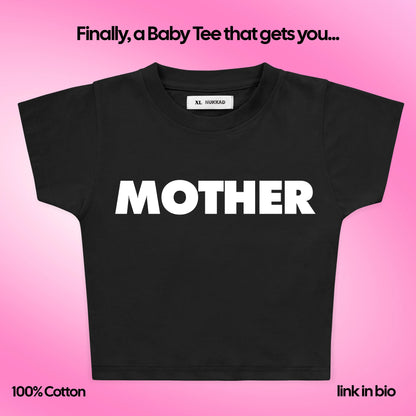 Black crop top with 'MOTHER' text on a pink background