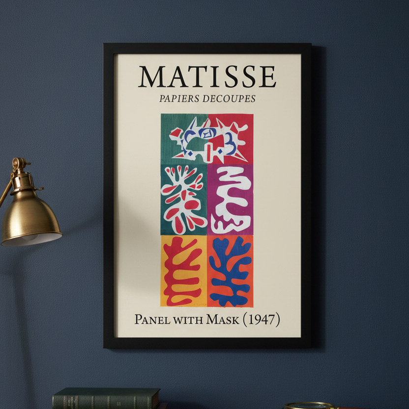 Framed Matisse artwork on a blue wall with books below