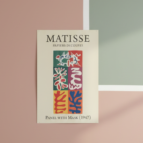 Poster of Matisse's 'Panneau with Masks' on a wall with color swatches.