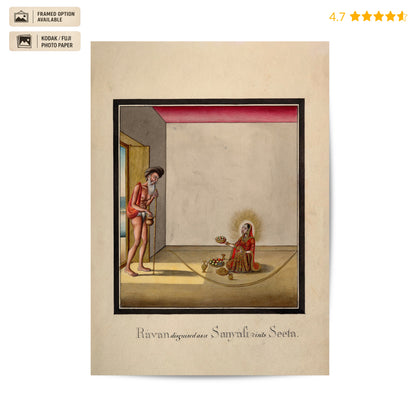 A framed art print on aged beige photo paper depicting a traditional Indian scene with a seated figure and a standing figure in a doorway, with the text 'Ravan dispelled from Samba li of Seeta' printed below. The print is shown on a white background with 'FRAMED OPTION AVAILABLE' and 'KODAK / FUJ PHOTO PAPER' badges on the left, and a star rating on the top right.