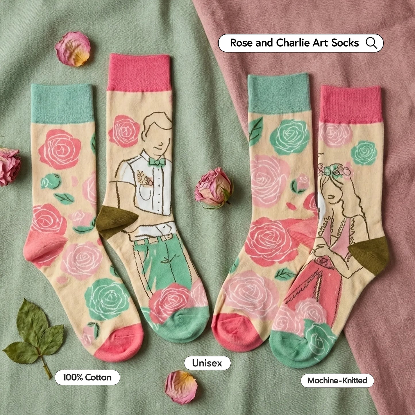 Rose and Charlie Art Socks : Set Of 1 Pair