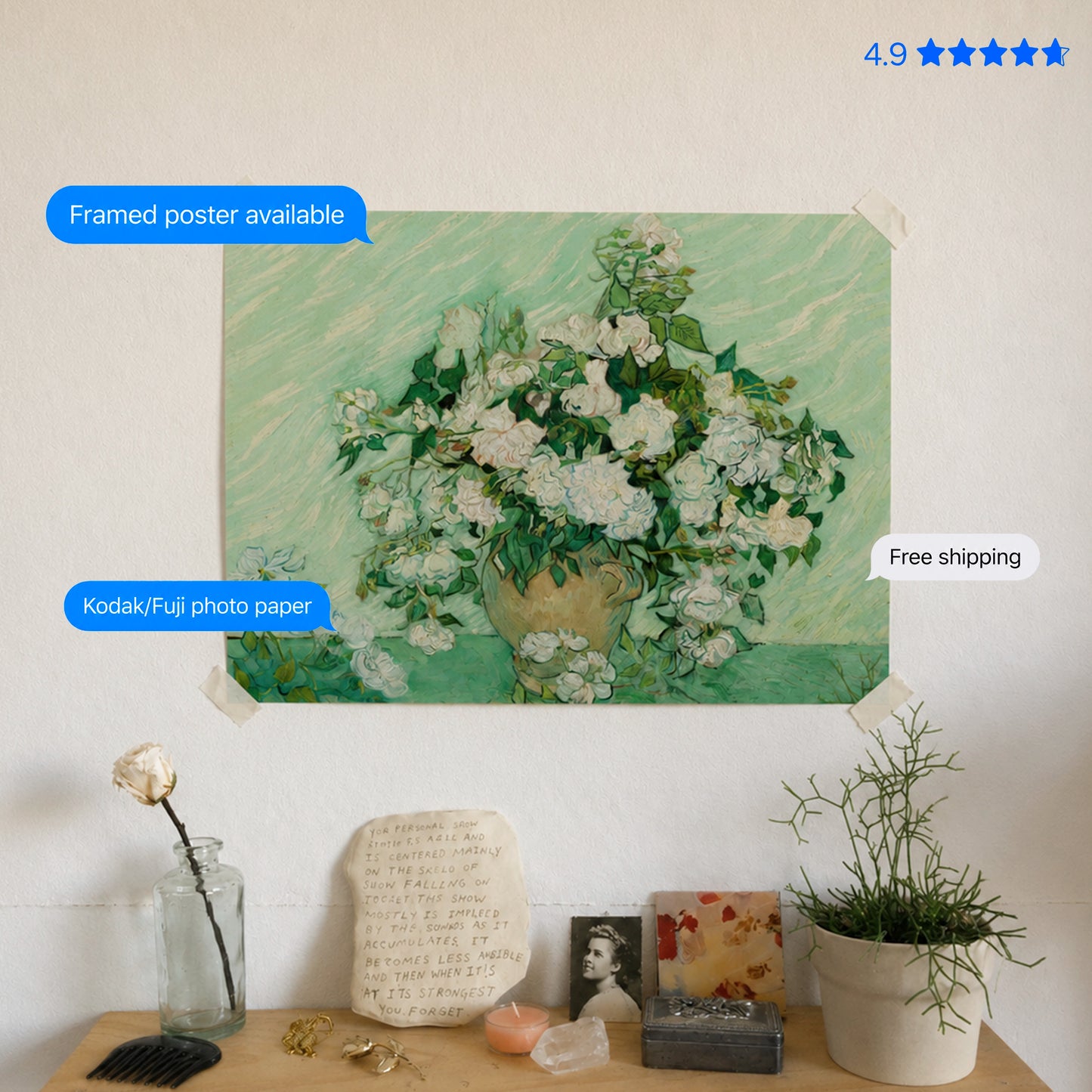 Still Life: Vase with Pink Roses by Vincent van Gogh Poster & Framed Print (Copy)