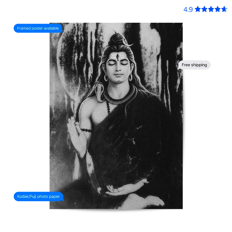 Shiv Dhyaan Black and White Vintage Poster & Framed Print
