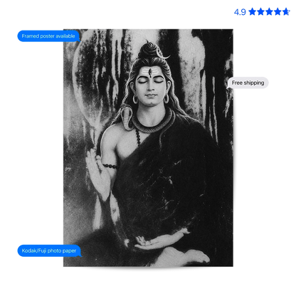 Shiv Dhyaan Black and White Vintage Poster & Framed Print
