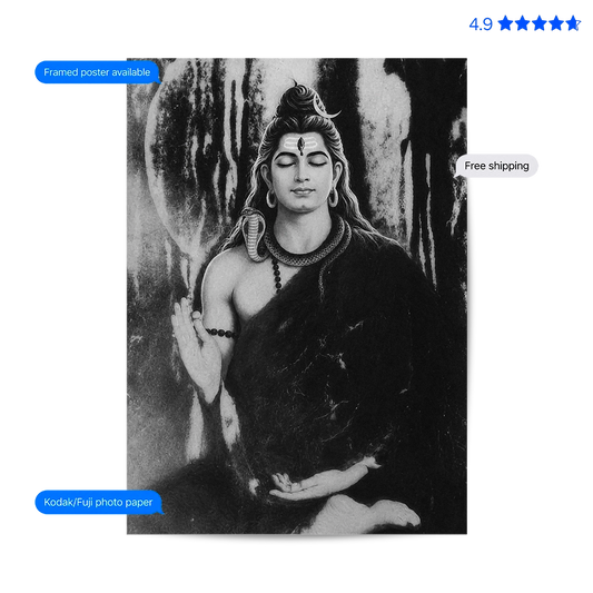 Shiv Dhyaan Black and White Vintage Poster & Framed Print
