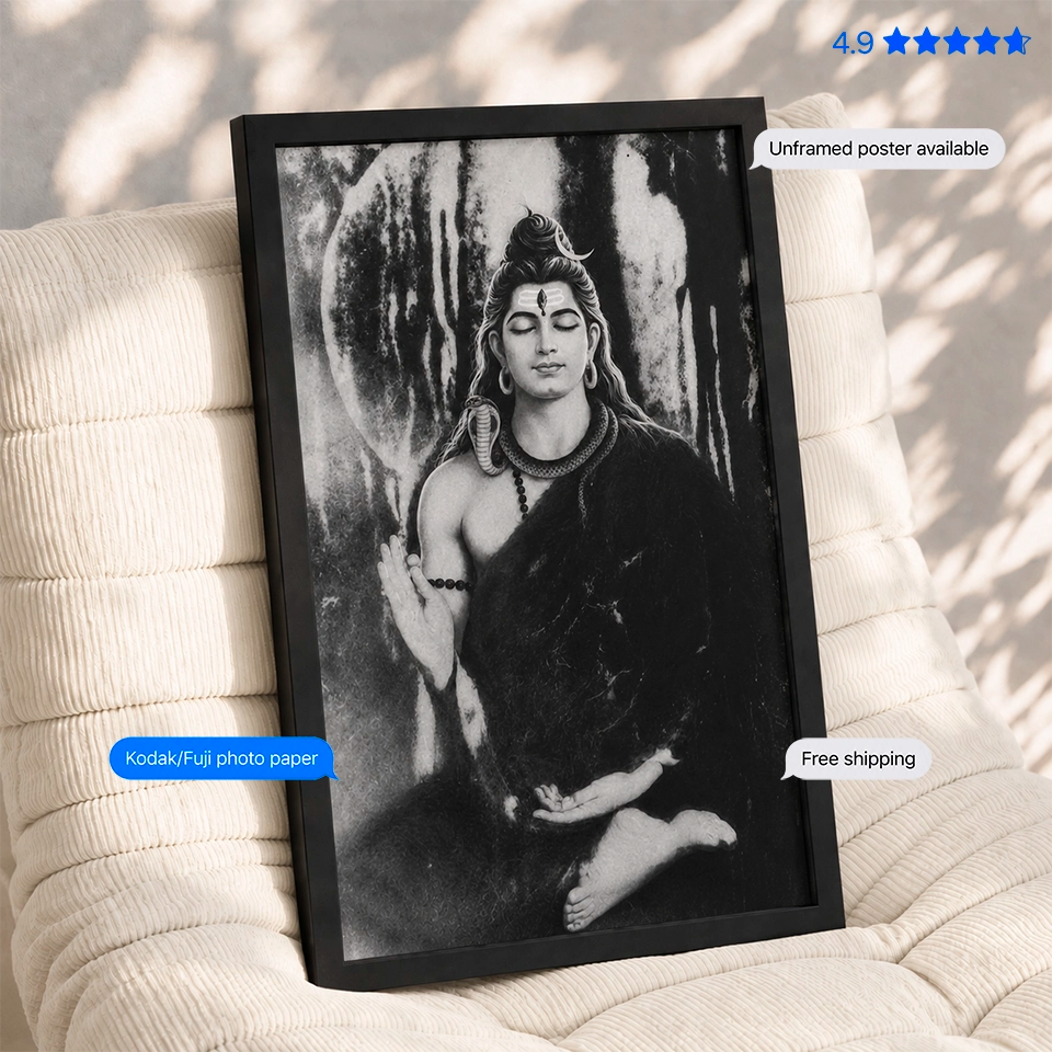 Shiv Dhyaan Black and White Vintage Poster & Framed Print