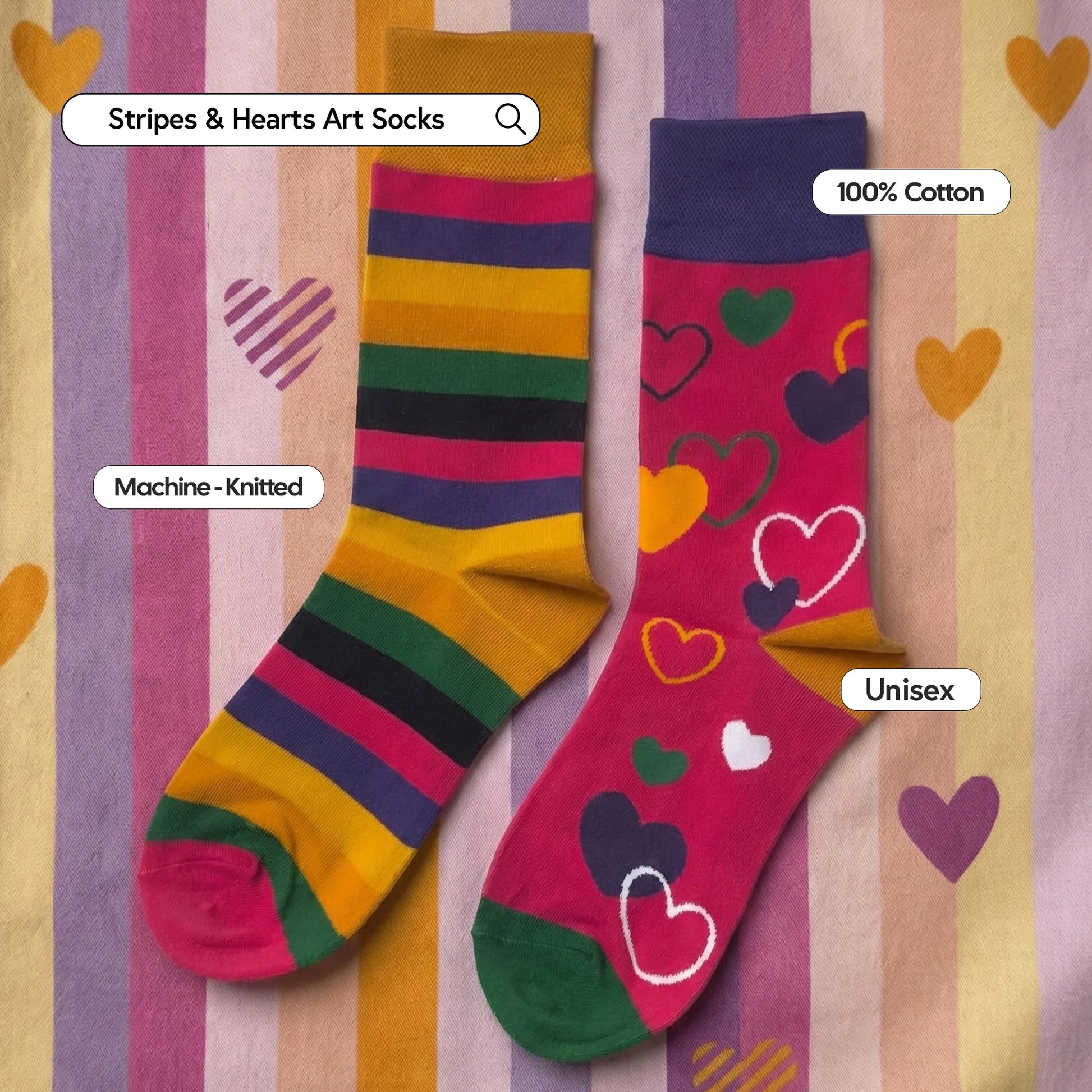 Two pairs of socks with striped and heart patterns on a striped background.