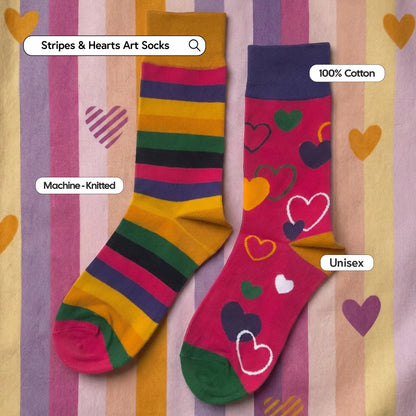 Two pairs of socks with striped and heart patterns on a striped background.