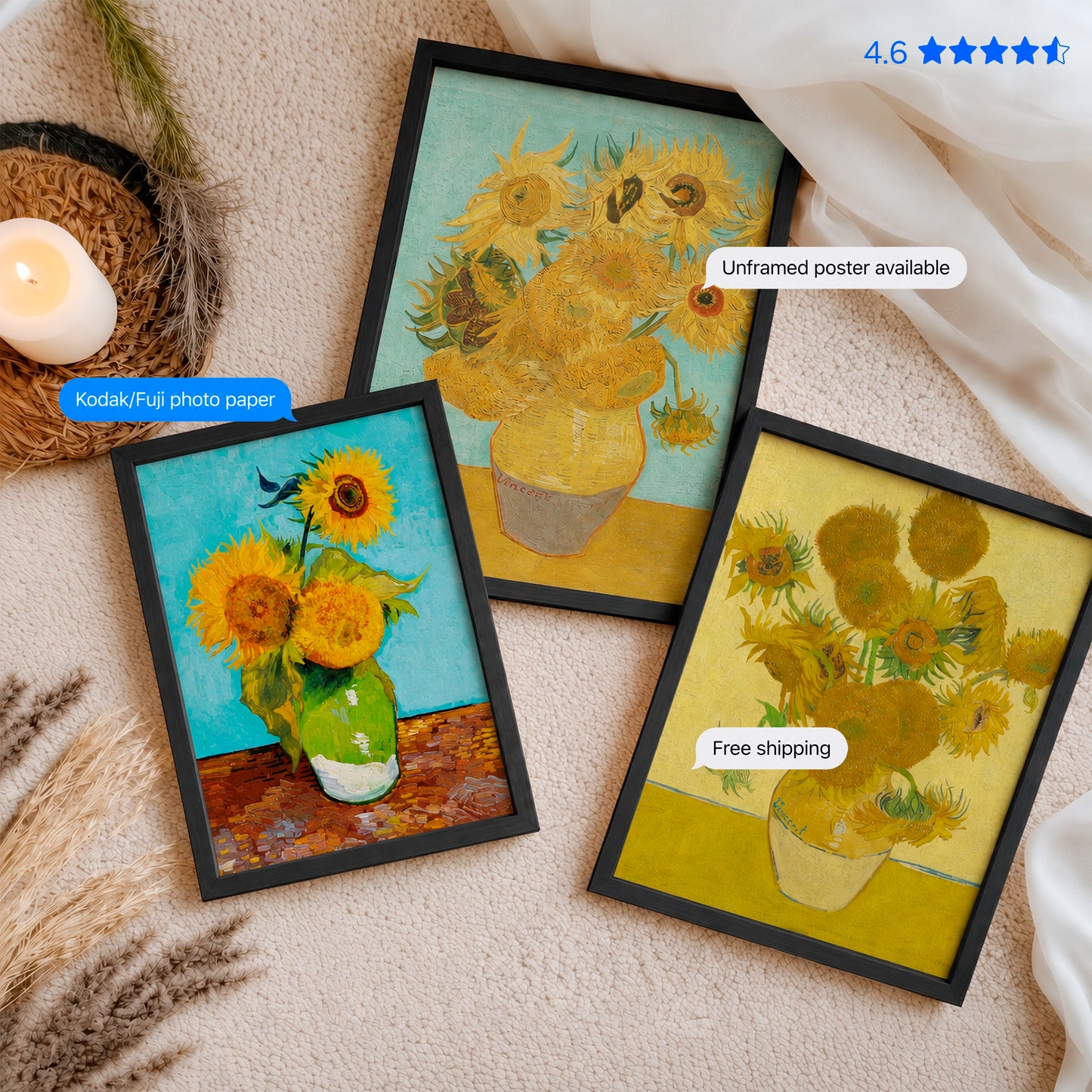 Three Sunflowers in a Vase by Vincent van Gogh Poster & Framed Print