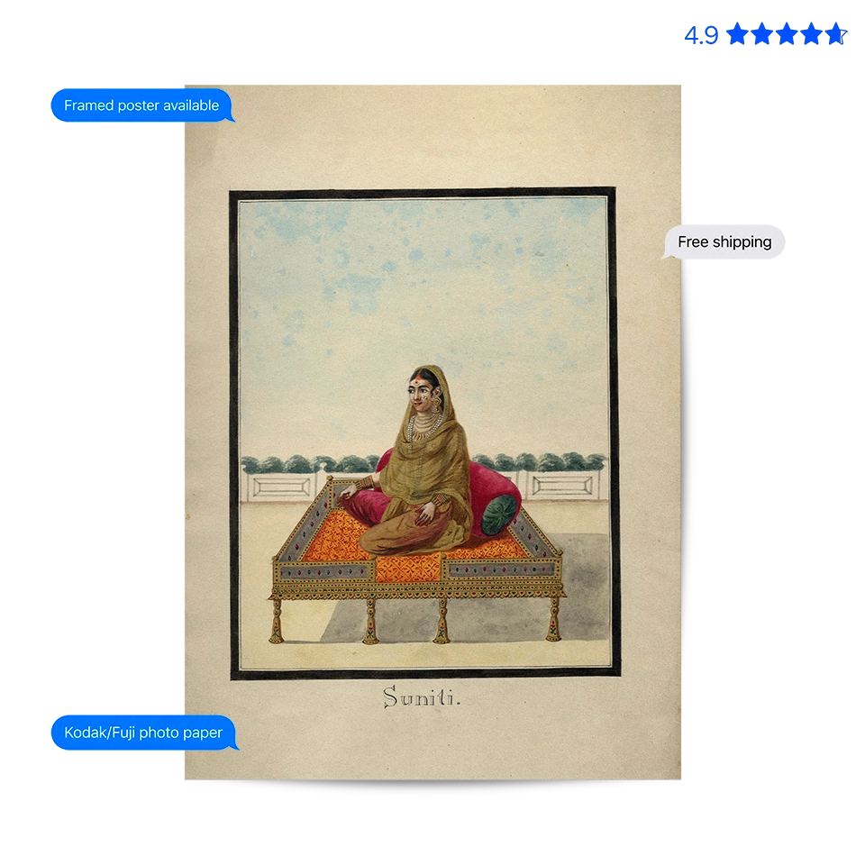 A vintage-style framed art print featuring an illustration of a woman seated on an ornate platform, labeled 'Suniti.' The print is shown on aged paper with decorative blue text bubbles and a star rating graphic around it.