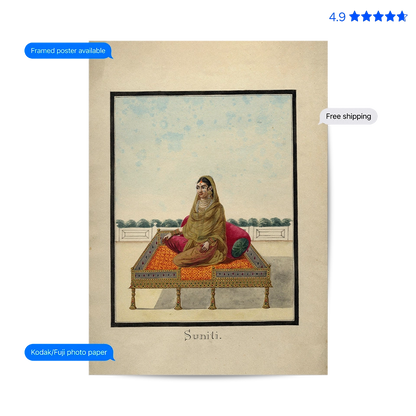A vintage-style framed art print featuring an illustration of a woman seated on an ornate platform, labeled 'Suniti.' The print is shown on aged paper with decorative blue text bubbles and a star rating graphic around it.