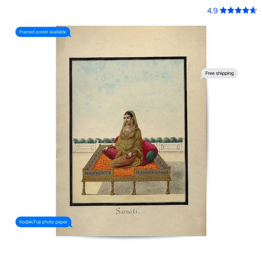 A vintage-style framed art print featuring an illustration of a woman seated on an ornate platform, labeled 'Suniti.' The print is shown on aged paper with decorative blue text bubbles and a star rating graphic around it.