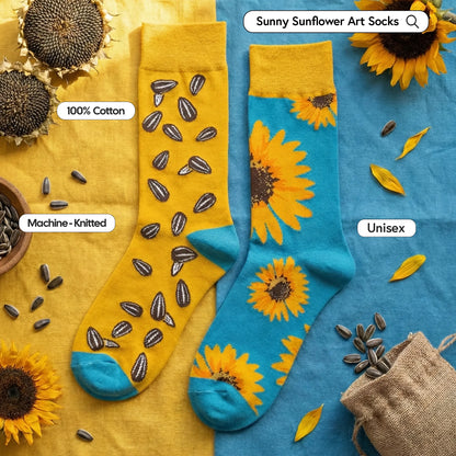 Two pairs of socks with sunflower designs on a yellow and blue background.