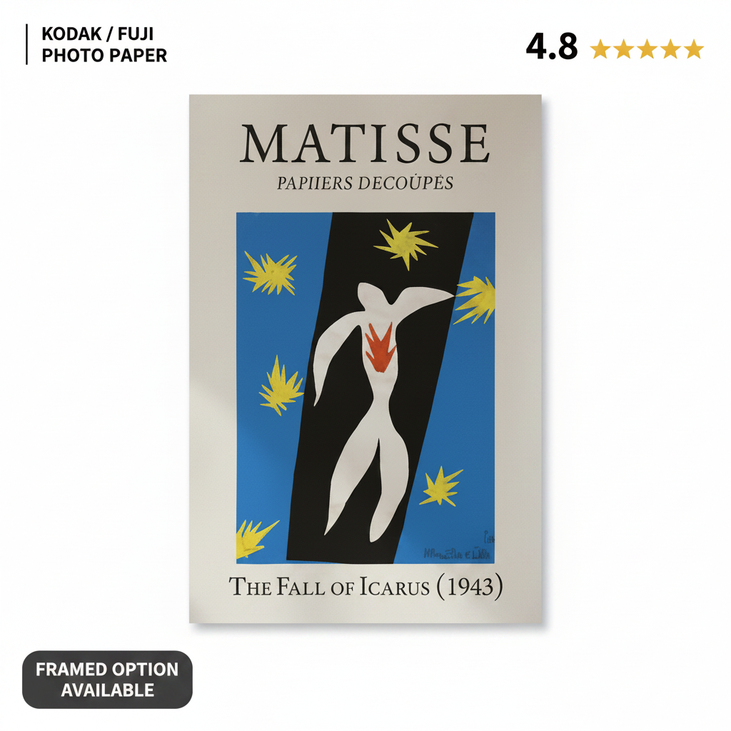 Framed Matisse artwork titled 'The Fall of Icarus' (1943) on a wall above a sofa.
