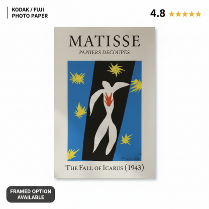 Framed Matisse artwork titled 'The Fall of Icarus' (1943) on a wall above a sofa.