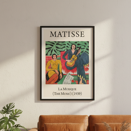 Framed Matisse artwork above a brown sofa in a living room.