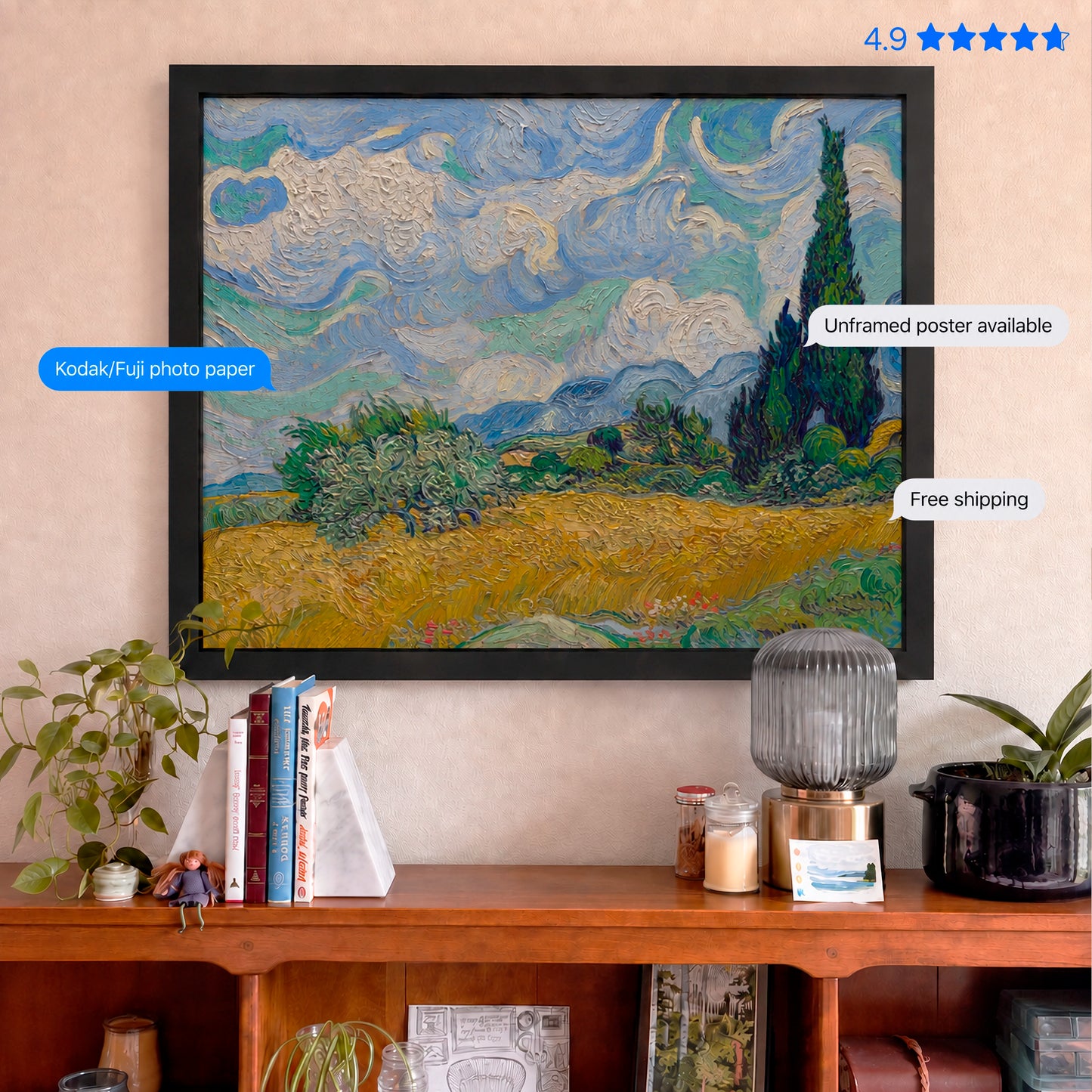 A Wheatfield with Cypresses by Vincent van Gogh Poster & Framed Print