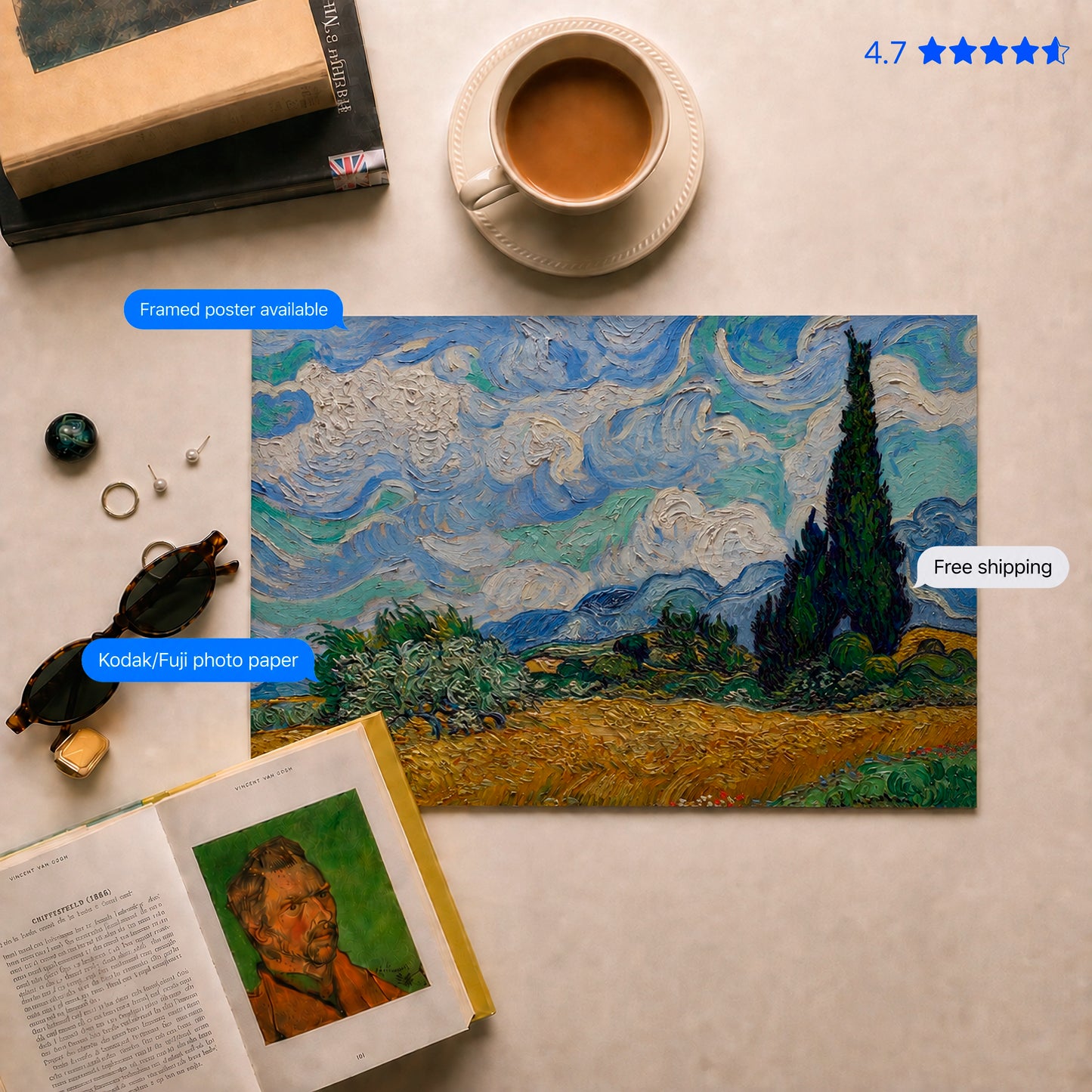A Wheatfield with Cypresses by Vincent van Gogh Poster & Framed Print