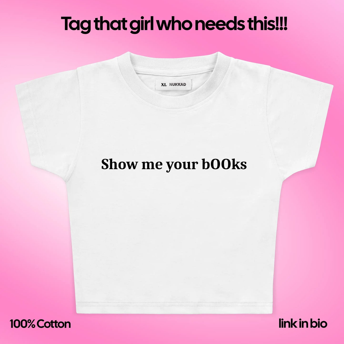 White t-shirt with text on a pink background