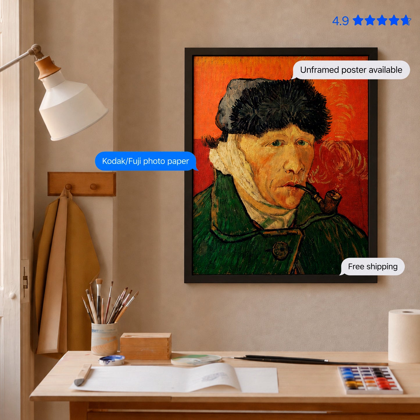Self portrait with Bandaged Ear by Vincent van Gogh Poster & Framed Print